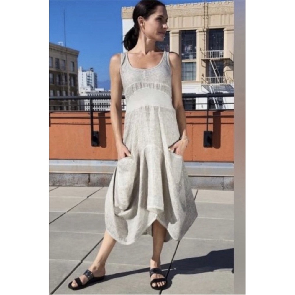 Gigi Moda Linen Rosalia Lagenlook Natural Midi Dress Pockets Sleeveless XS S - Picture 1 of 6